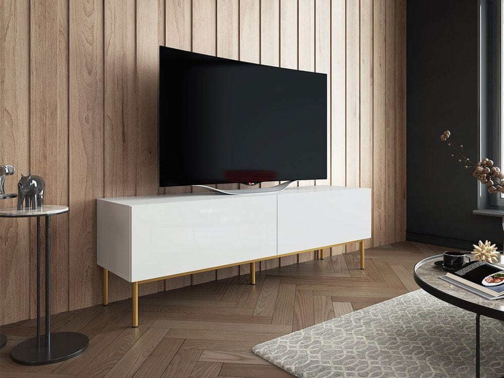Veneti TV stolík TOKA - 150 cm, lesklý biely / zlatý